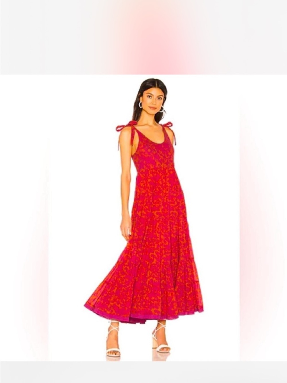 Free People Kikas Printed Midi Tiered Dress in Tangerine, Size XS - Picture 2 of 16